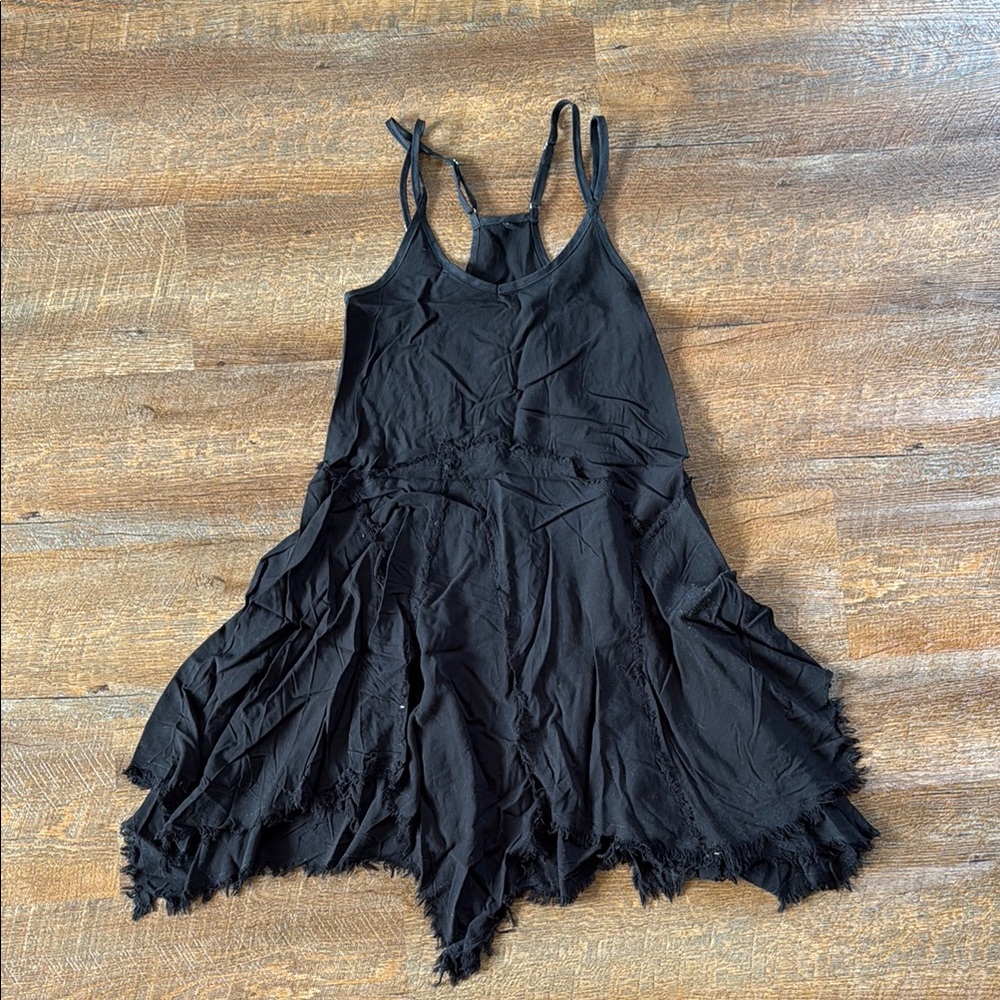 Black Sleeveless Dress with Frayed Hem